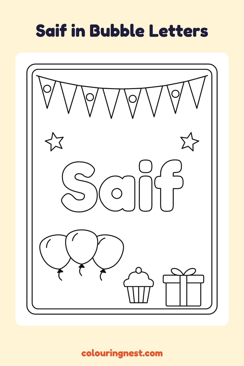 Saif in Bubble Letters coloring page: free printable black-and-white line art
