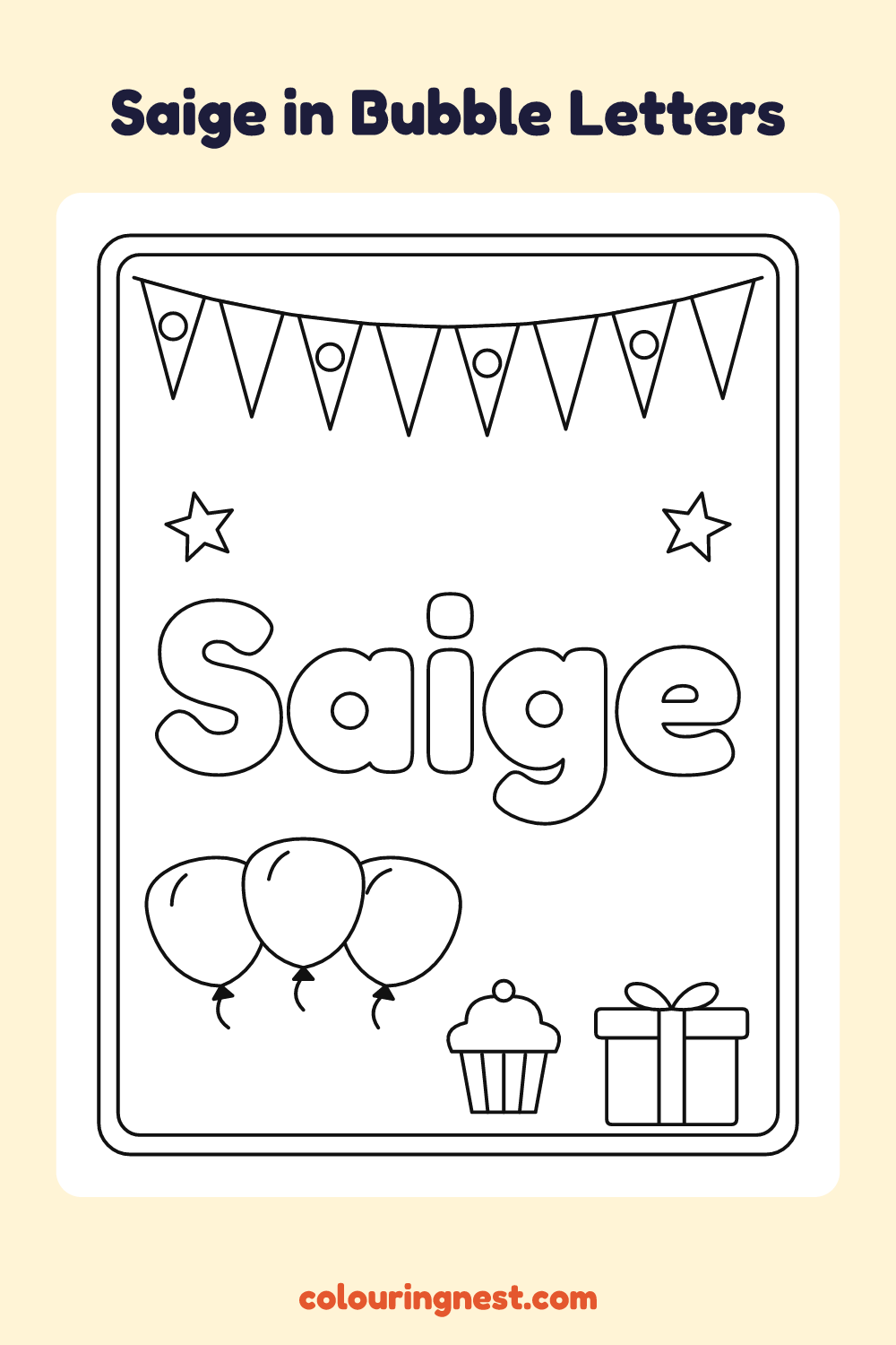 Saige in Bubble Letters coloring page: free printable black-and-white line art