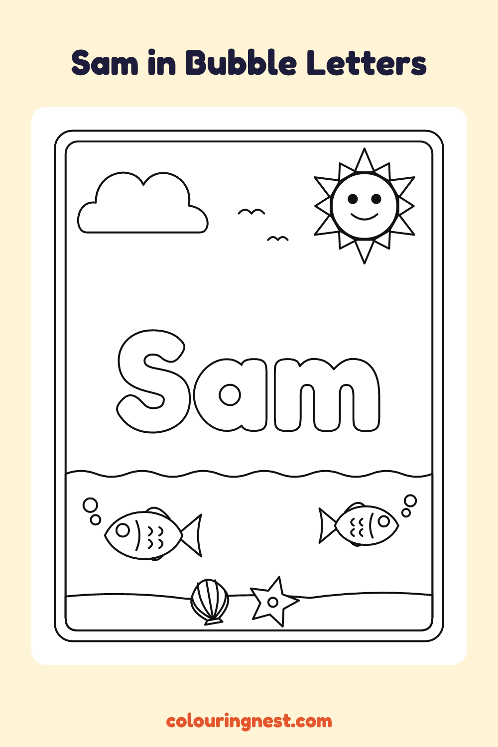 Sam in Bubble Letters coloring page: free printable black-and-white line art