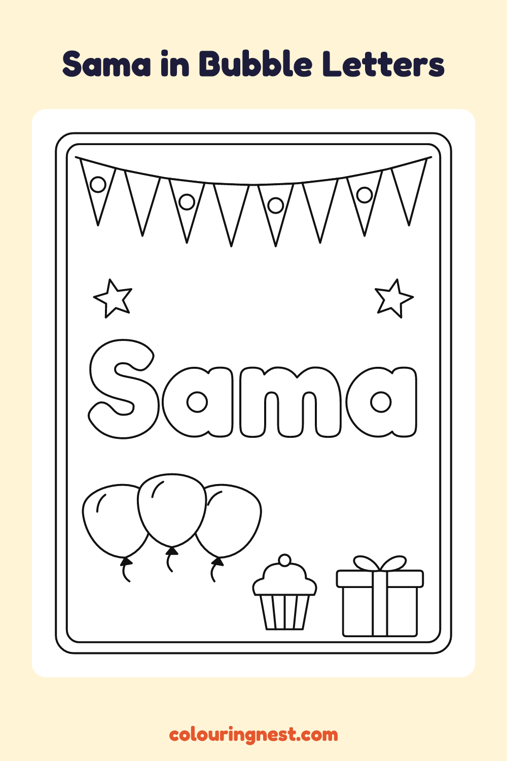 Sama in Bubble Letters coloring page: free printable black-and-white line art
