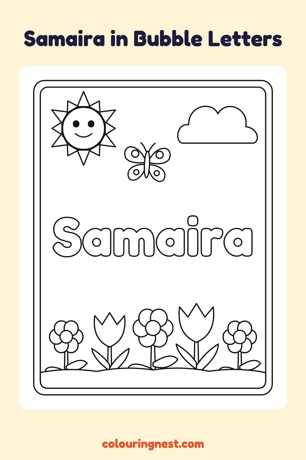 Samaira in Bubble Letters coloring page: free printable black-and-white line art