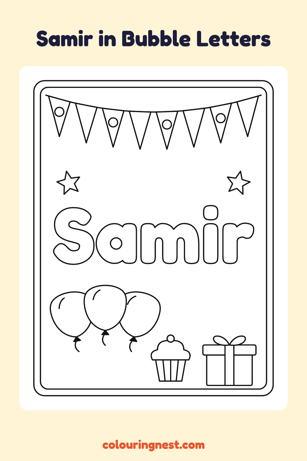 Samir in Bubble Letters coloring page: free printable black-and-white line art