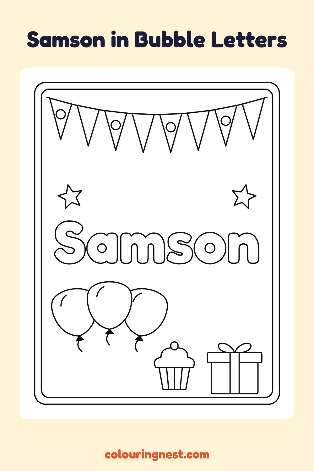 Samson in Bubble Letters coloring page: free printable black-and-white line art
