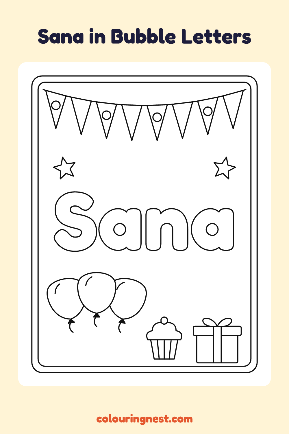 Sana in Bubble Letters coloring page: free printable black-and-white line art
