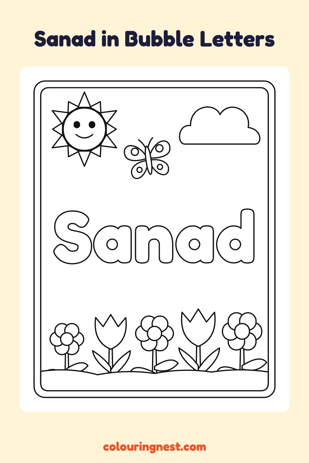 Sanad in Bubble Letters coloring page: free printable black-and-white line art