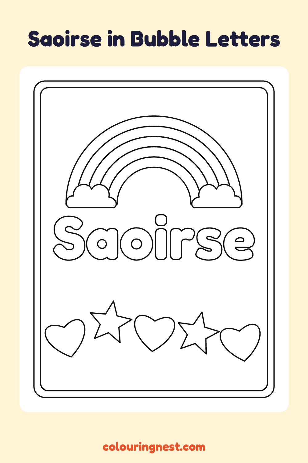 Saoirse in Bubble Letters coloring page: free printable black-and-white line art