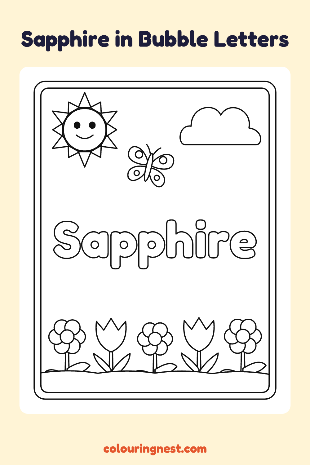 Sapphire in Bubble Letters coloring page: free printable black-and-white line art