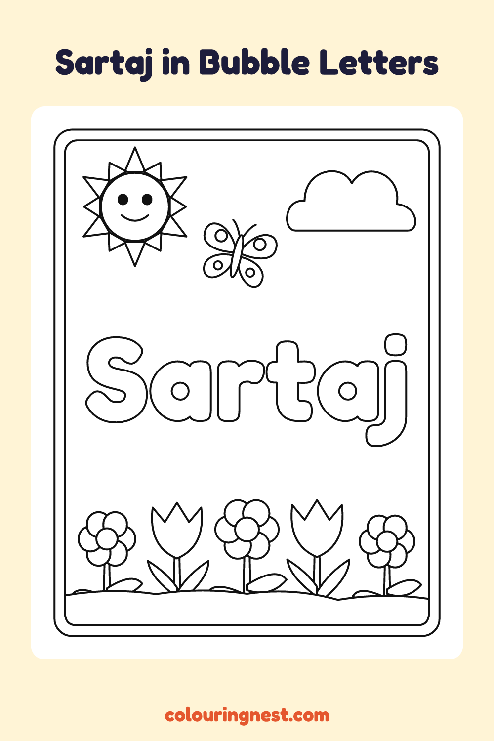 Sartaj in Bubble Letters coloring page: free printable black-and-white line art