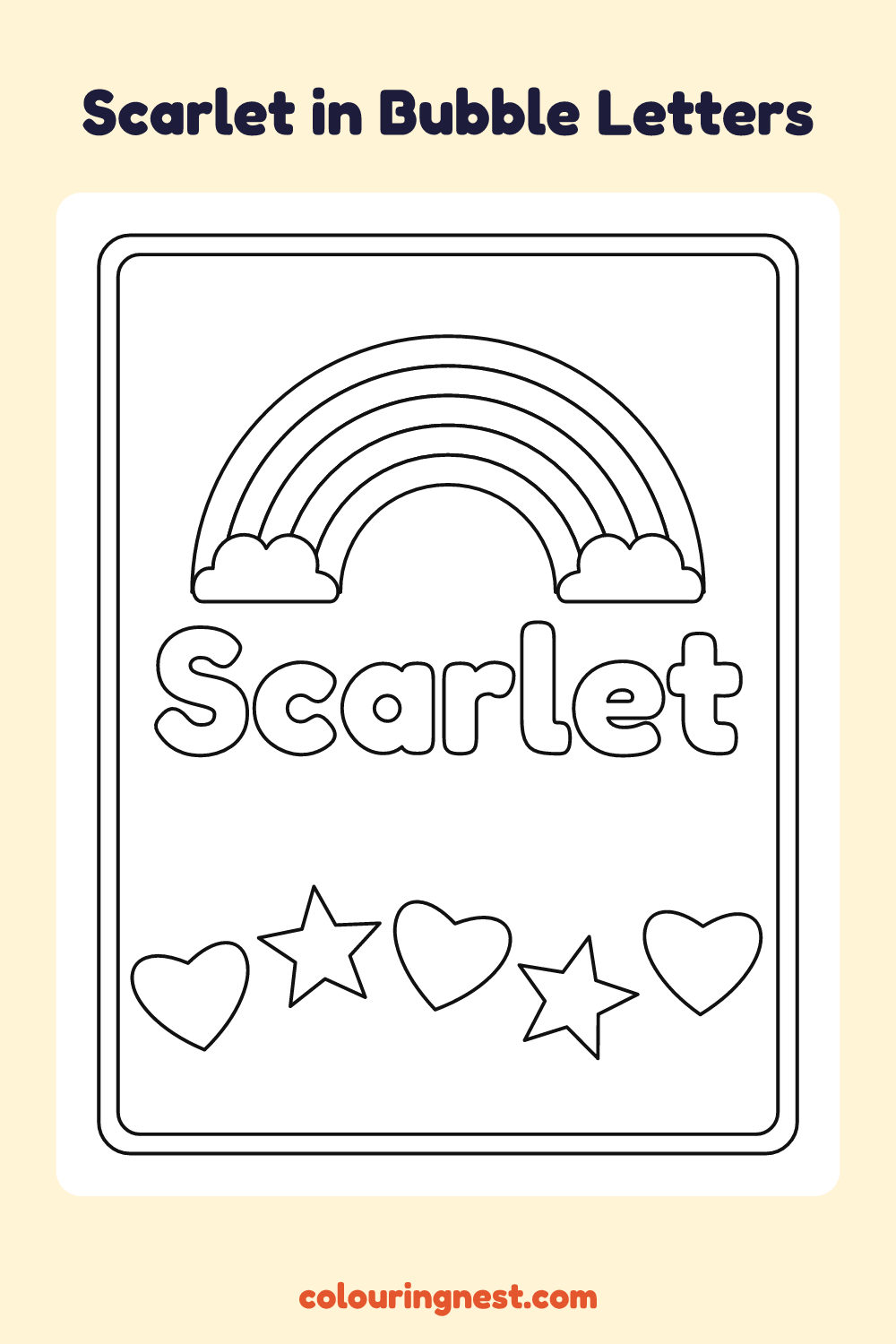 Scarlet in Bubble Letters coloring page: free printable black-and-white line art