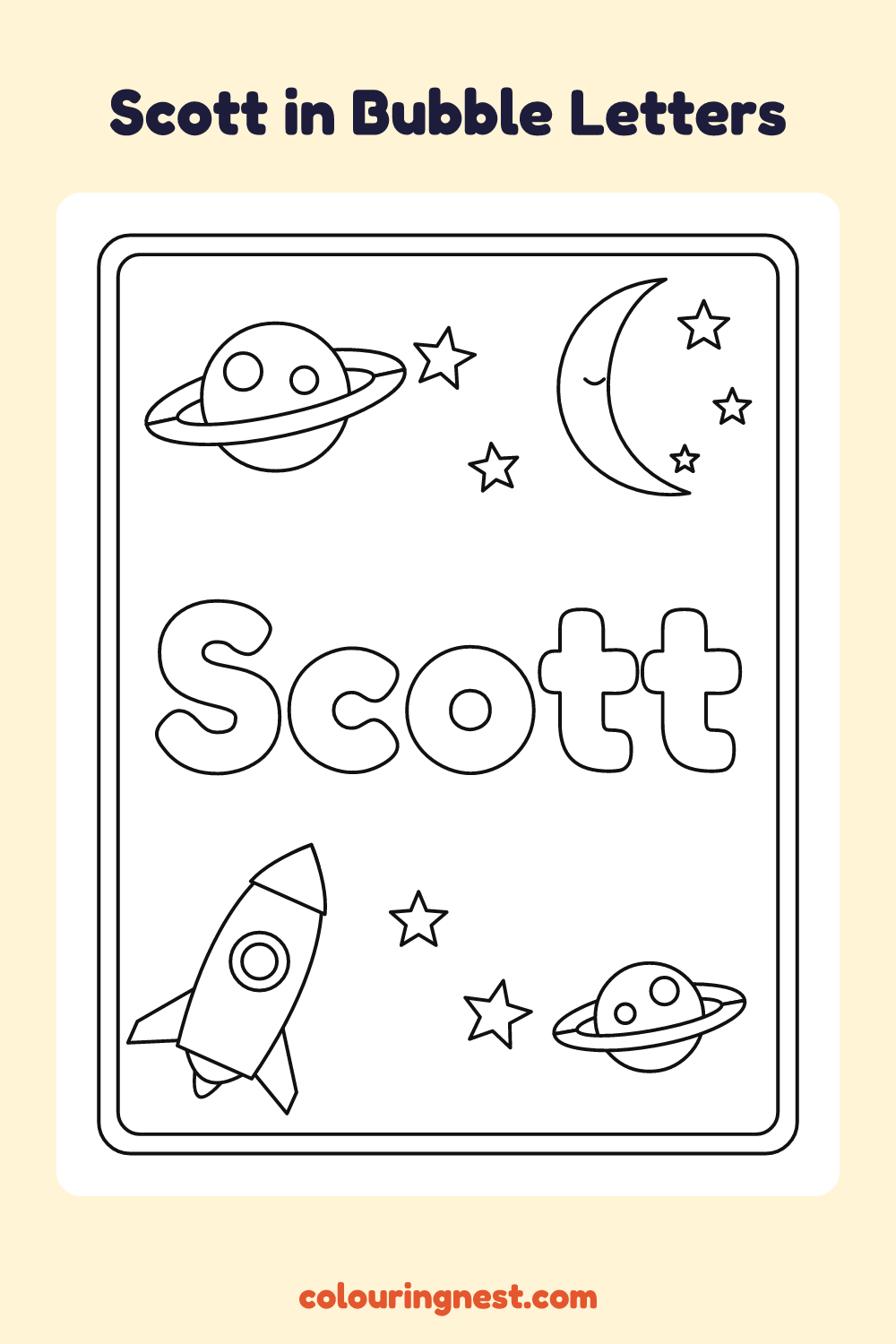 Scott in Bubble Letters coloring page: free printable black-and-white line art