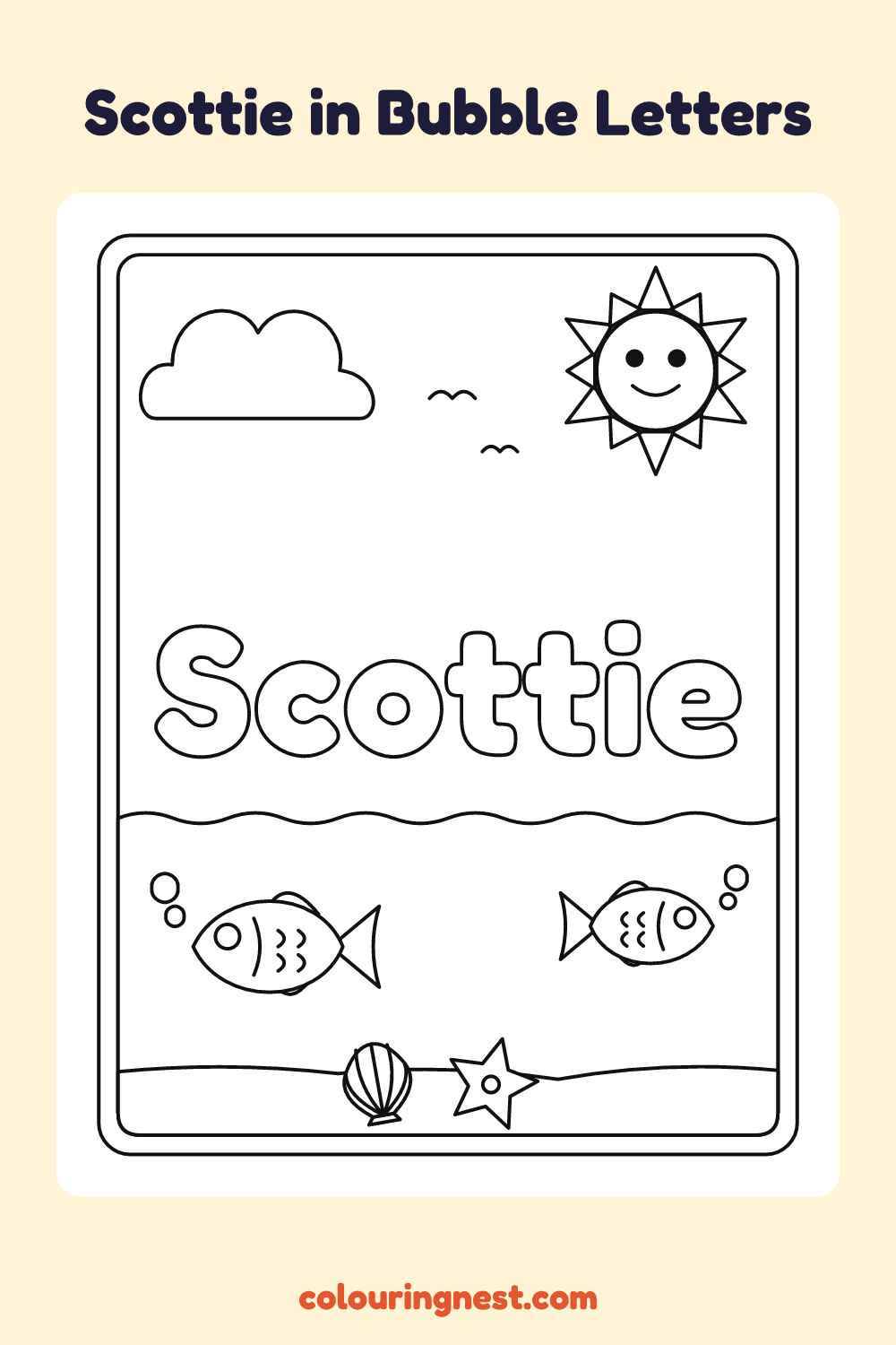 Scottie in Bubble Letters coloring page: free printable black-and-white line art