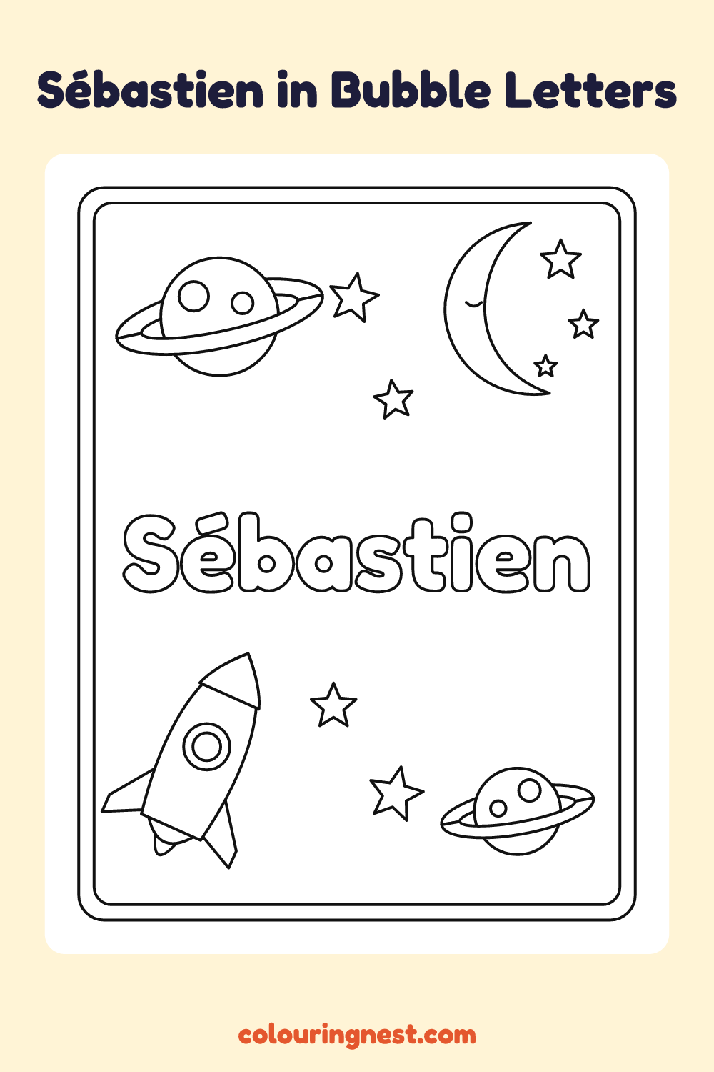 Sébastien in Bubble Letters coloring page: free printable black-and-white line art