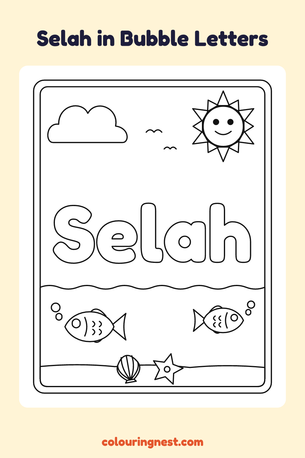 Selah in Bubble Letters coloring page: free printable black-and-white line art
