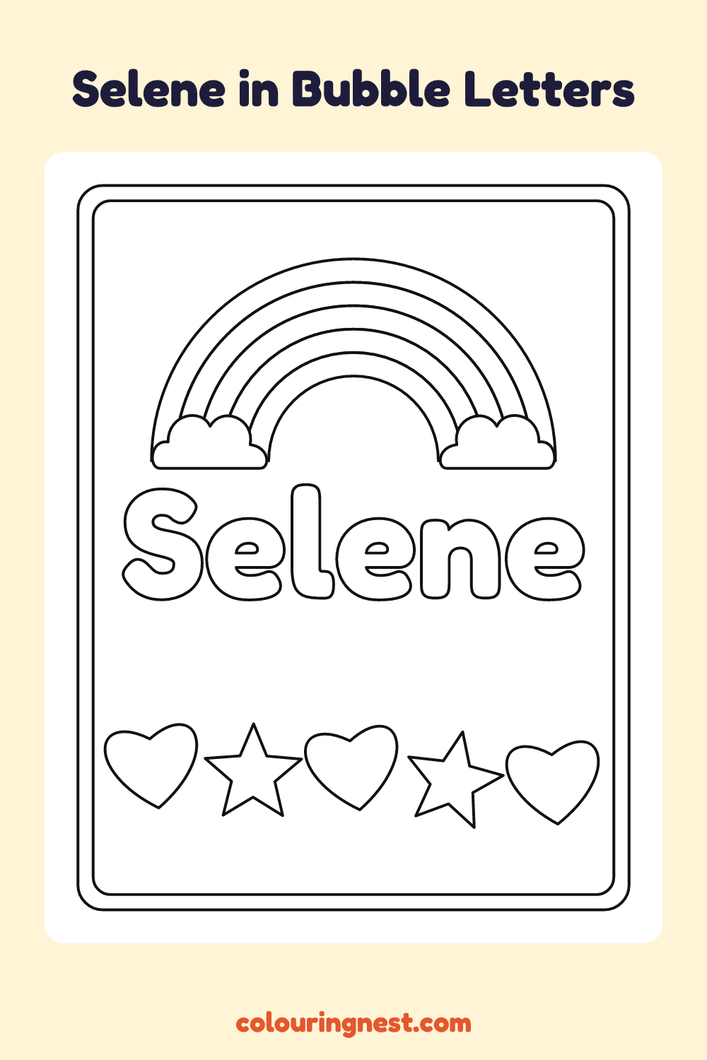 Selene in Bubble Letters coloring page: free printable black-and-white line art