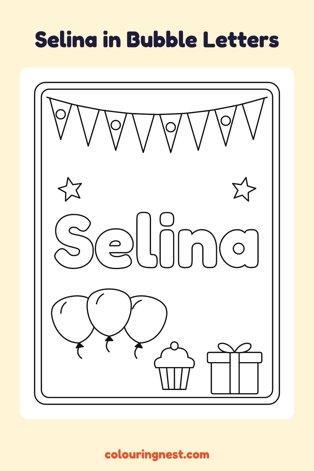 Selina in Bubble Letters coloring page: free printable black-and-white line art