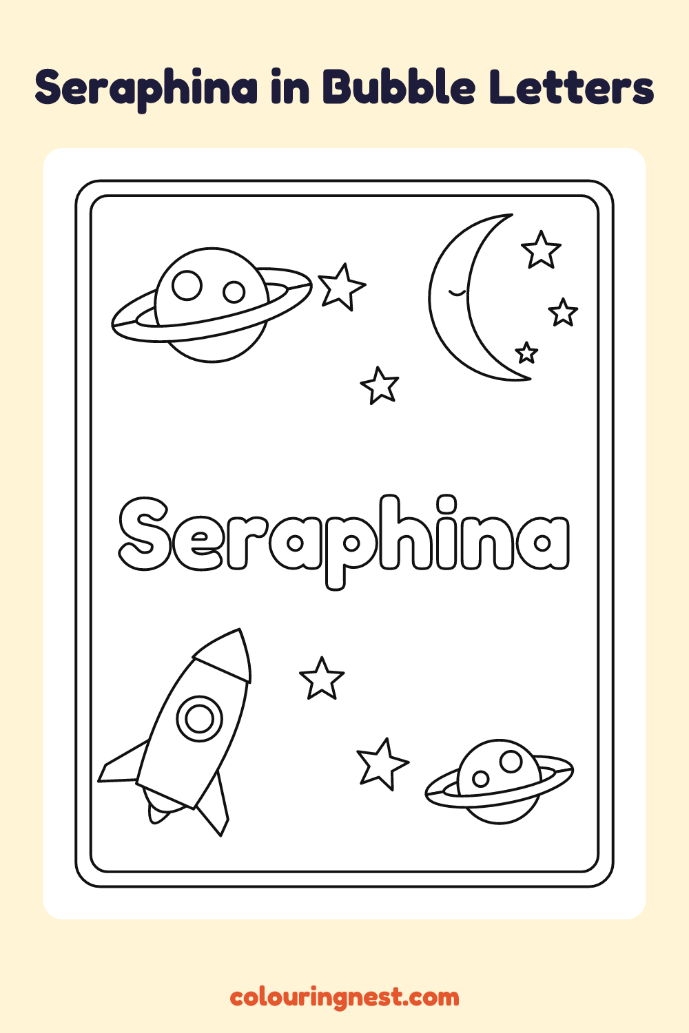 Seraphina in Bubble Letters coloring page: free printable black-and-white line art
