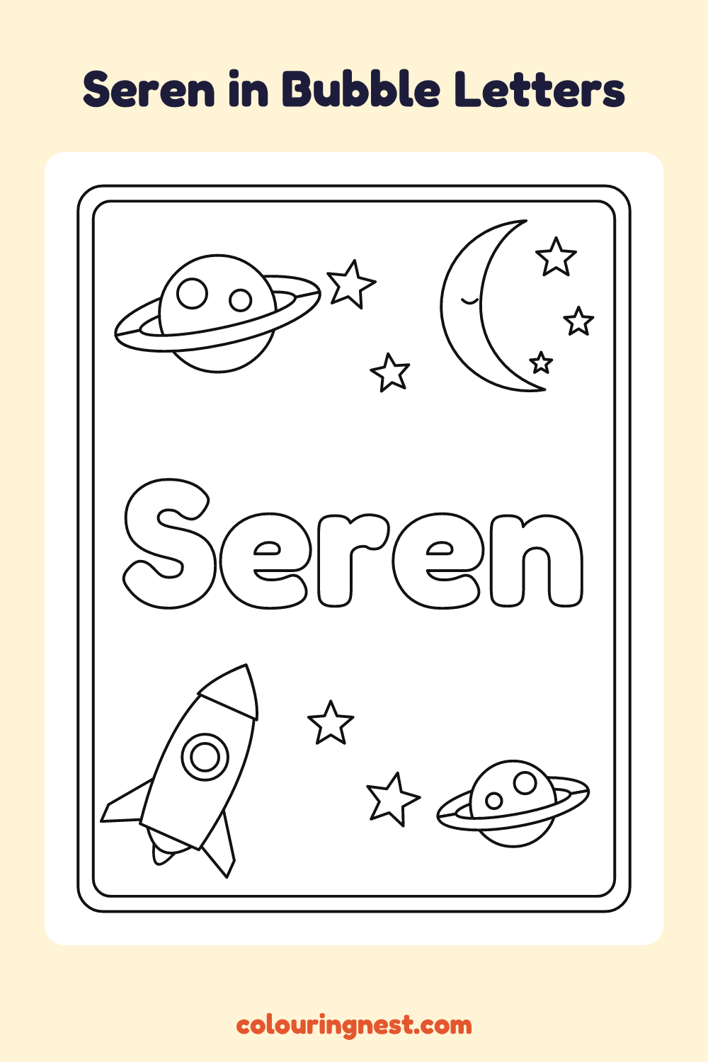 Seren in Bubble Letters coloring page: free printable black-and-white line art