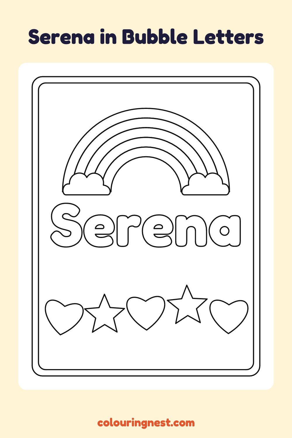 Serena in Bubble Letters coloring page: free printable black-and-white line art
