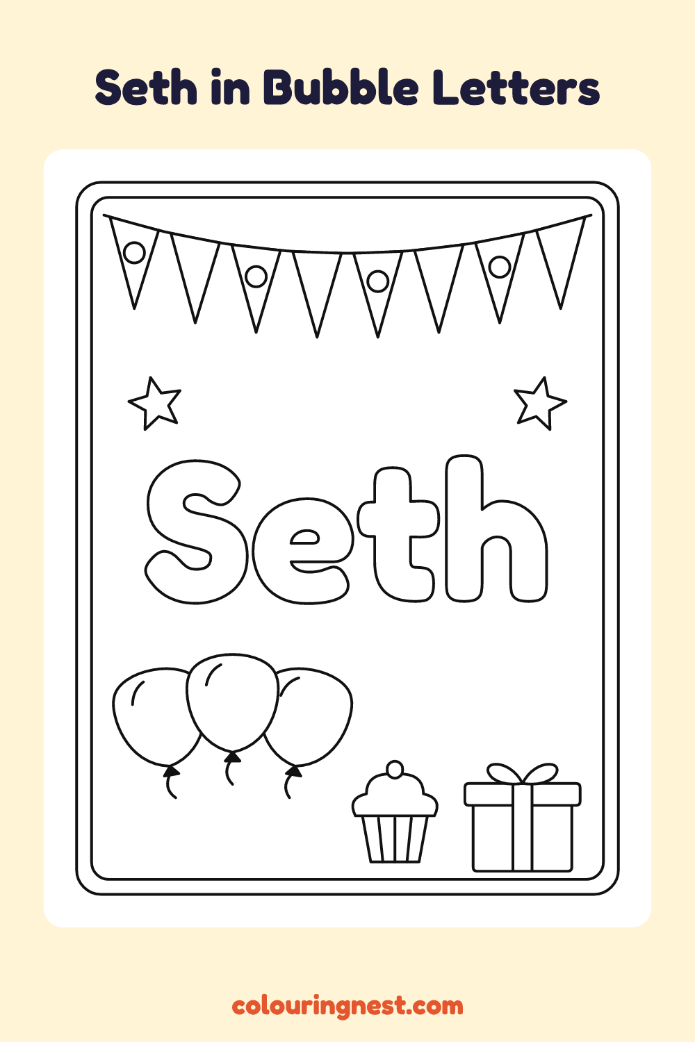 Seth in Bubble Letters coloring page: free printable black-and-white line art
