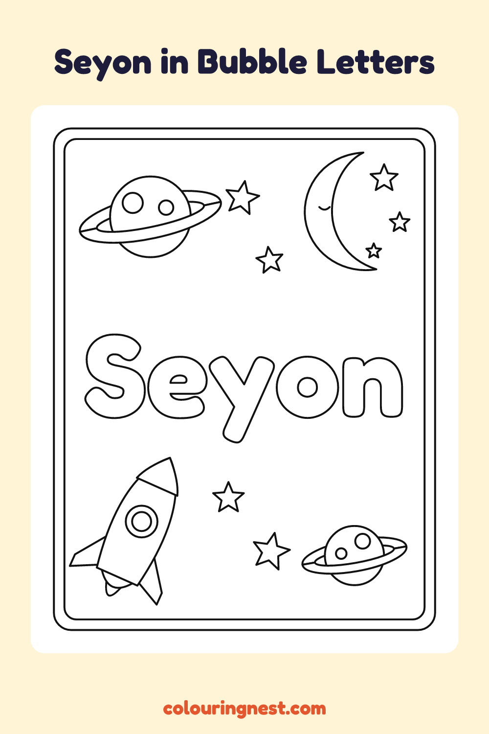 Seyon in Bubble Letters coloring page: free printable black-and-white line art