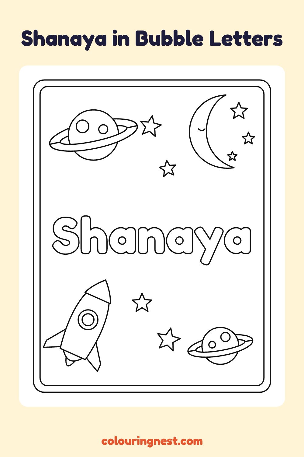 Shanaya in Bubble Letters coloring page: free printable black-and-white line art
