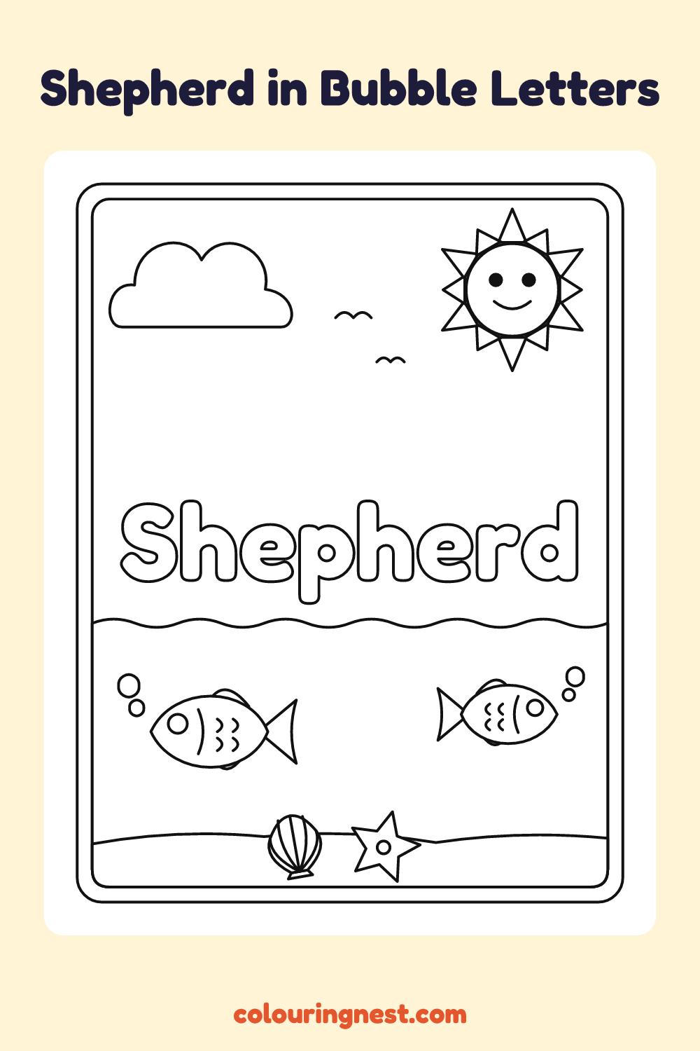 Shepherd in Bubble Letters coloring page: free printable black-and-white line art