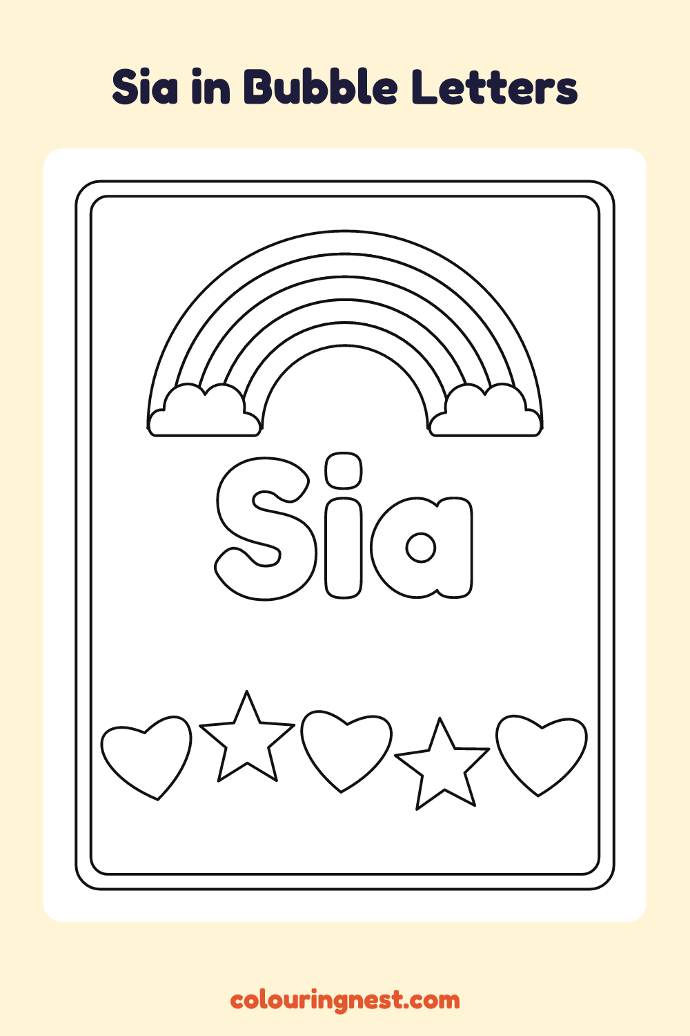 Sia in Bubble Letters coloring page: free printable black-and-white line art