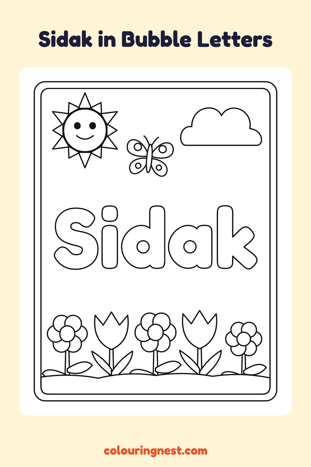 Sidak in Bubble Letters coloring page: free printable black-and-white line art