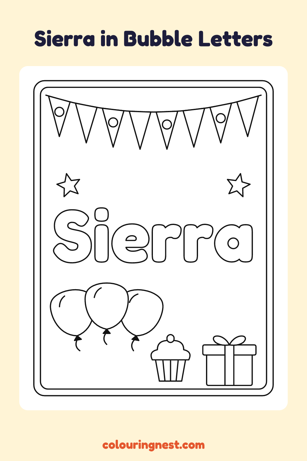 Sierra in Bubble Letters coloring page: free printable black-and-white line art