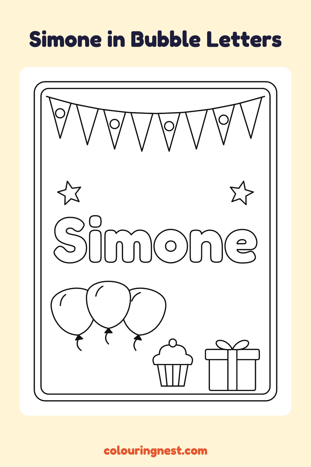 Simone in Bubble Letters coloring page: free printable black-and-white line art