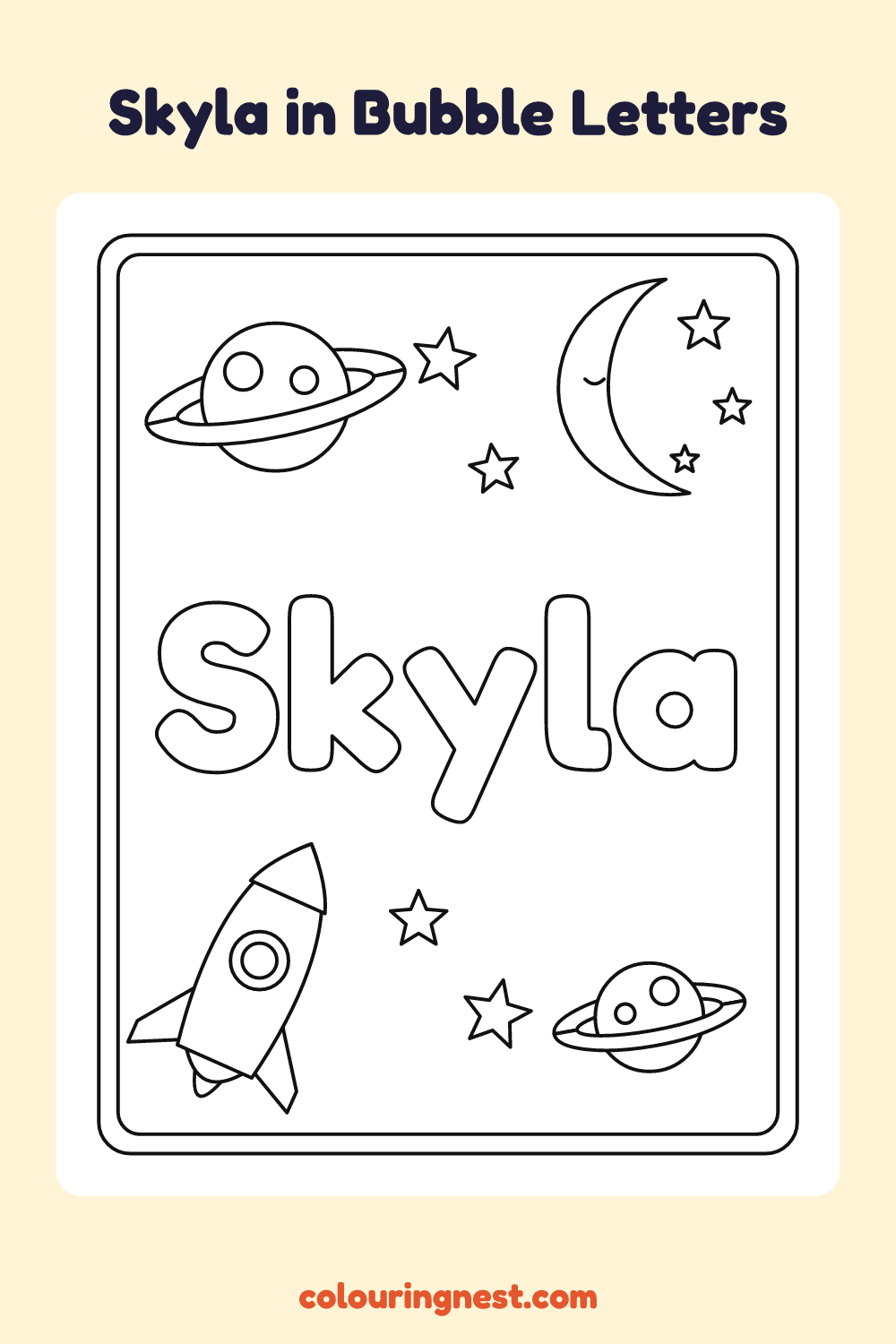 Skyla in Bubble Letters coloring page: free printable black-and-white line art