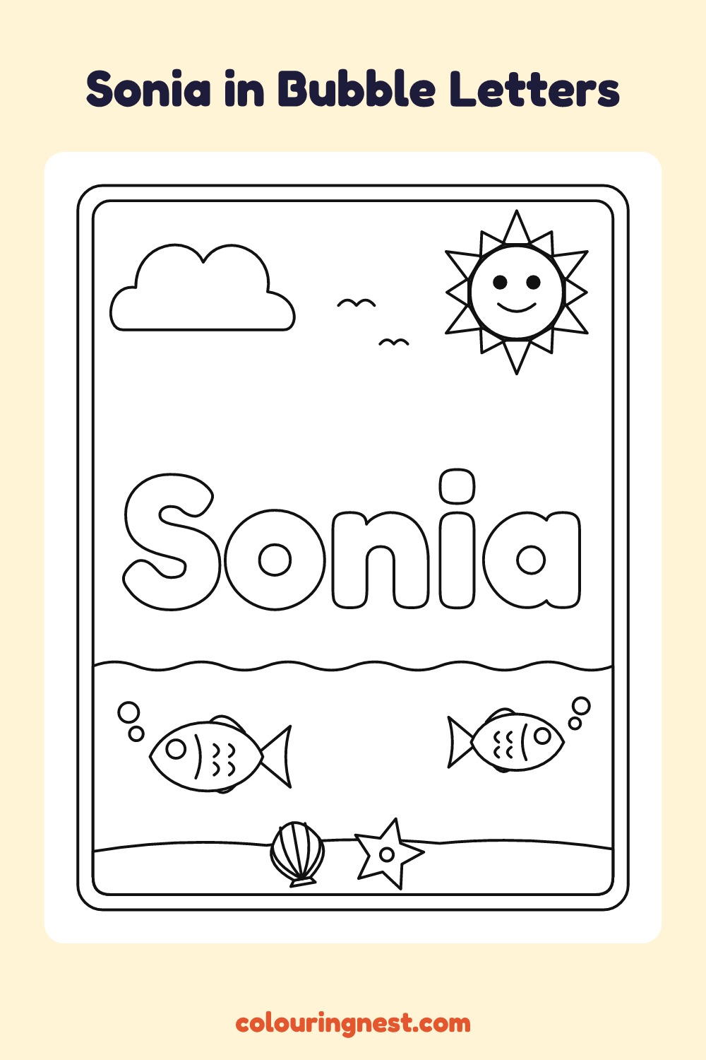 Sonia in Bubble Letters coloring page: free printable black-and-white line art