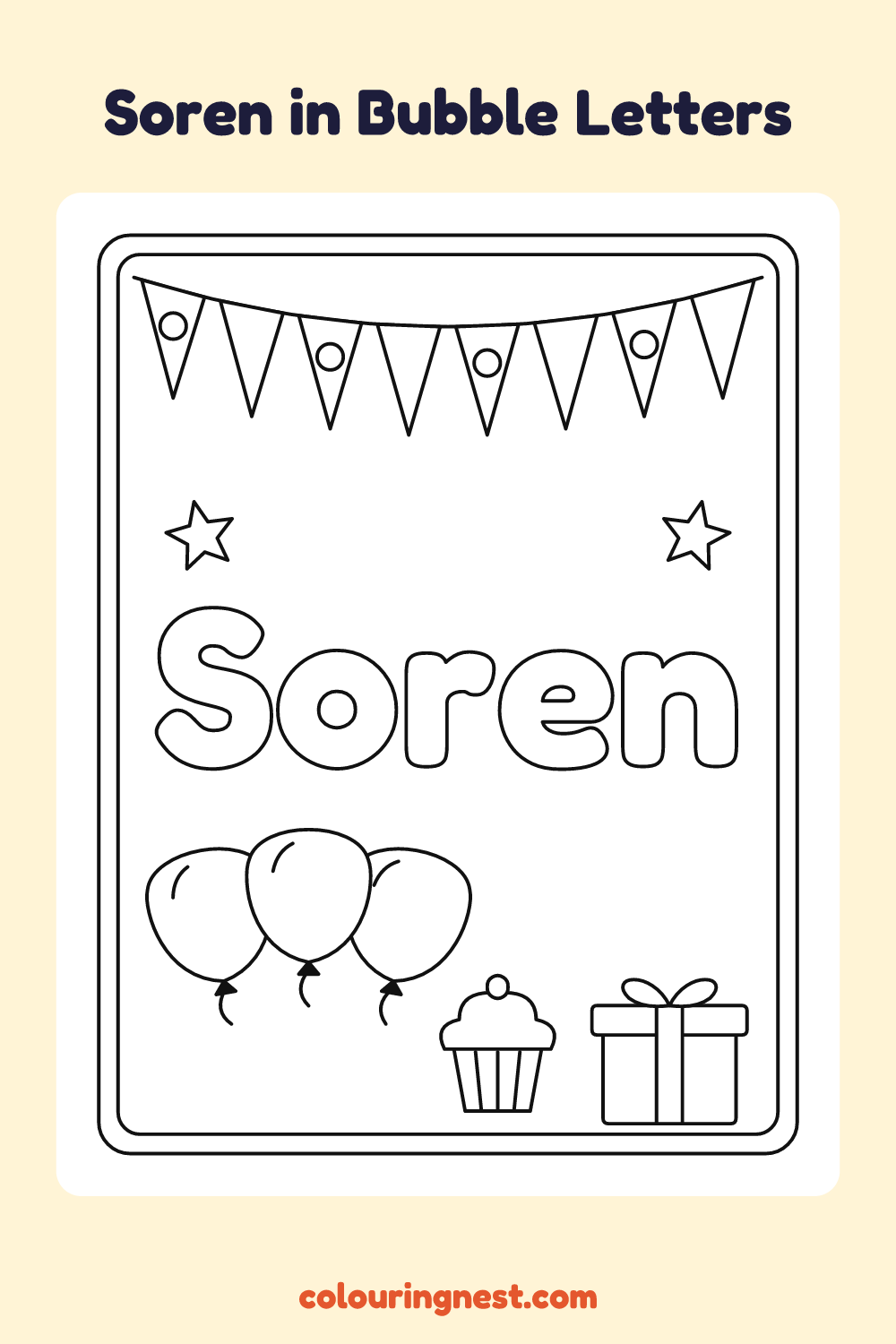 Soren in Bubble Letters coloring page: free printable black-and-white line art
