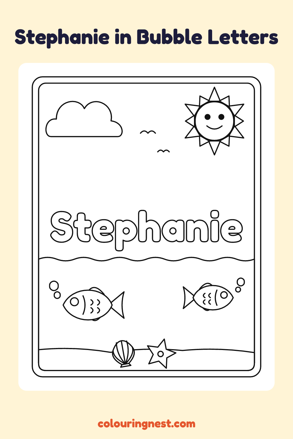 Stephanie in Bubble Letters coloring page: free printable black-and-white line art
