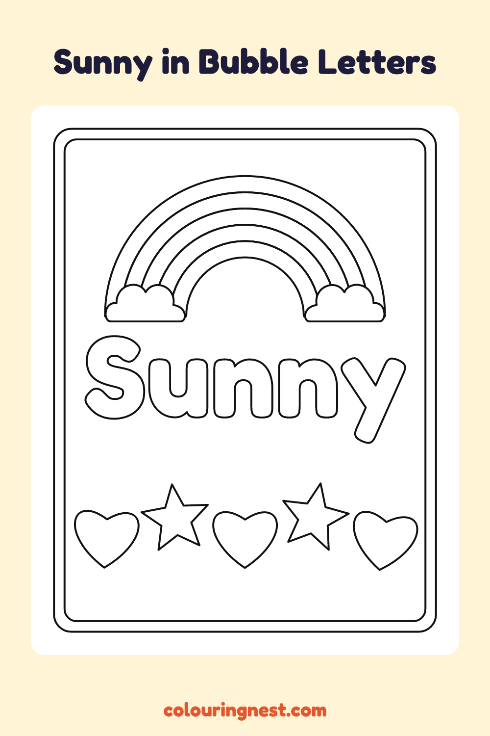 Sunny in Bubble Letters coloring page: free printable black-and-white line art