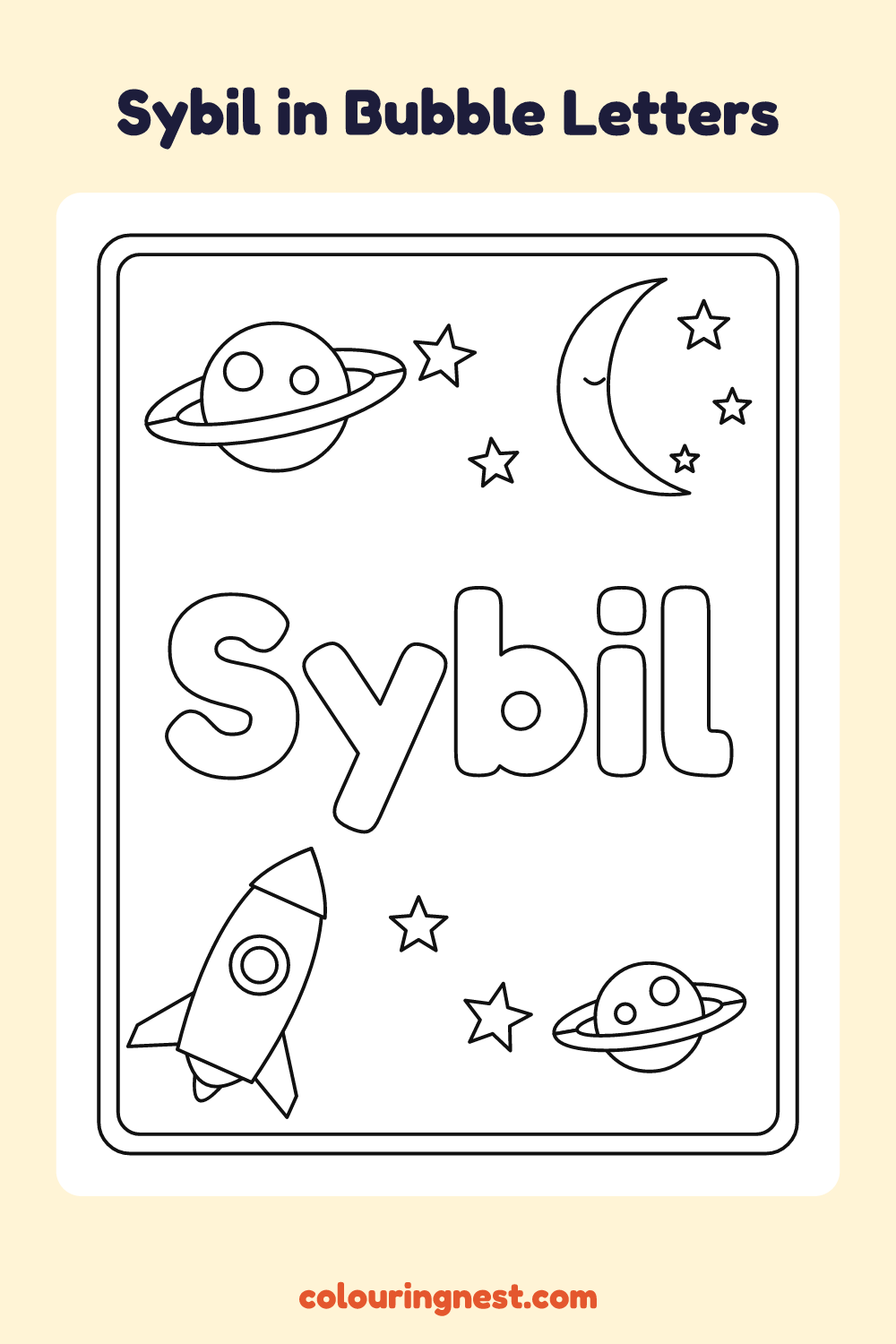 Sybil in Bubble Letters coloring page: free printable black-and-white line art