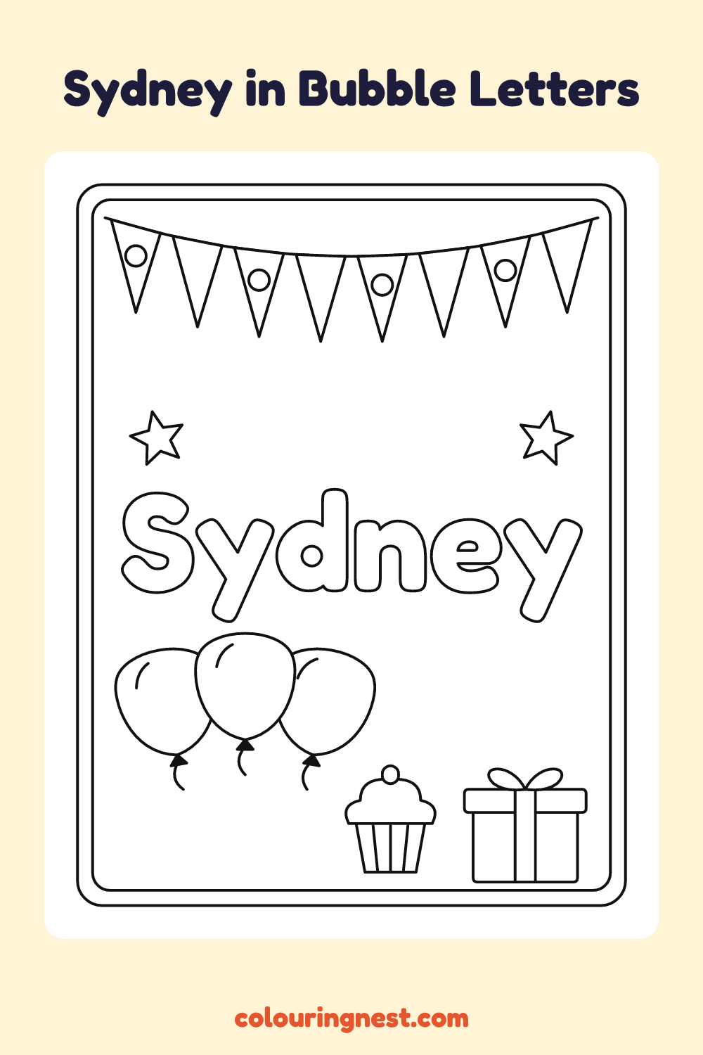 Sydney in Bubble Letters coloring page: free printable black-and-white line art