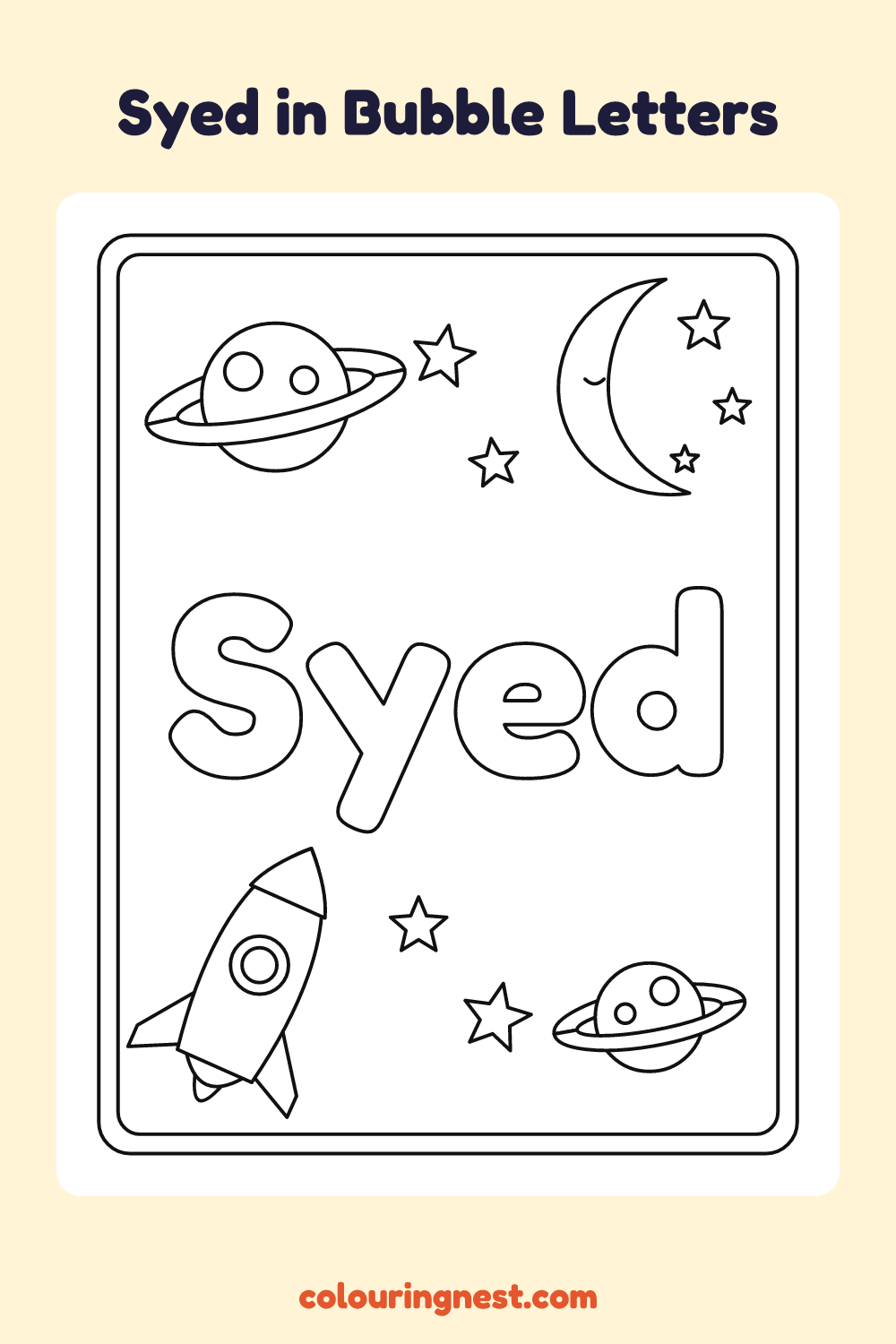 Syed in Bubble Letters coloring page: free printable black-and-white line art
