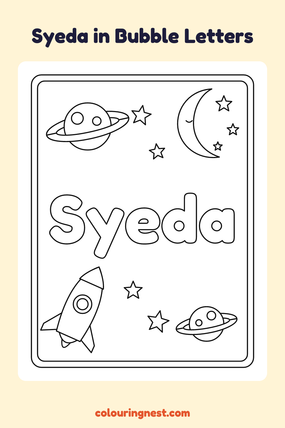 Syeda in Bubble Letters coloring page: free printable black-and-white line art