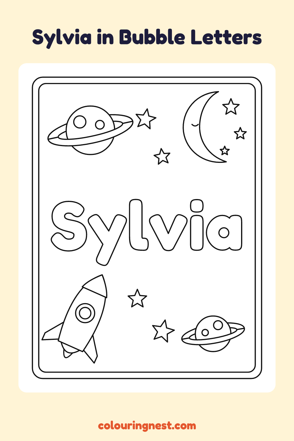 Sylvia in Bubble Letters coloring page: free printable black-and-white line art