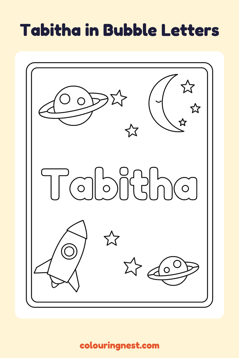 Tabitha in Bubble Letters coloring page: free printable black-and-white line art