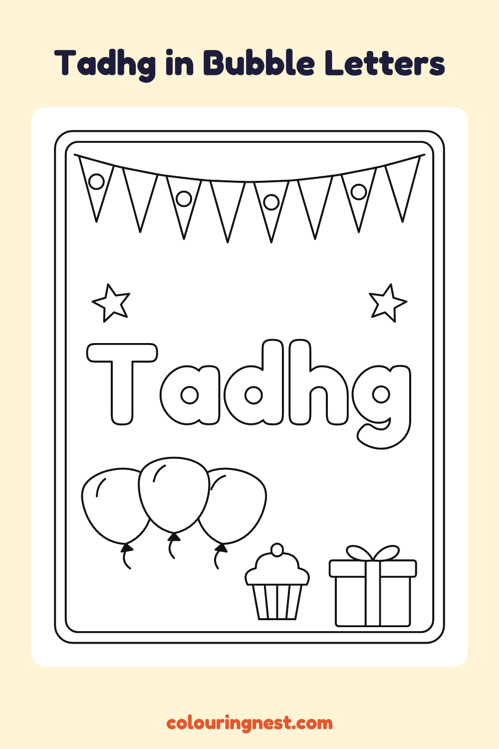 Tadhg in Bubble Letters coloring page: free printable black-and-white line art