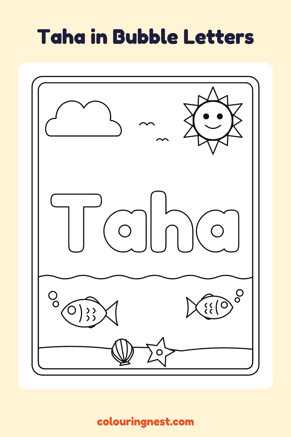 Taha in Bubble Letters coloring page: free printable black-and-white line art