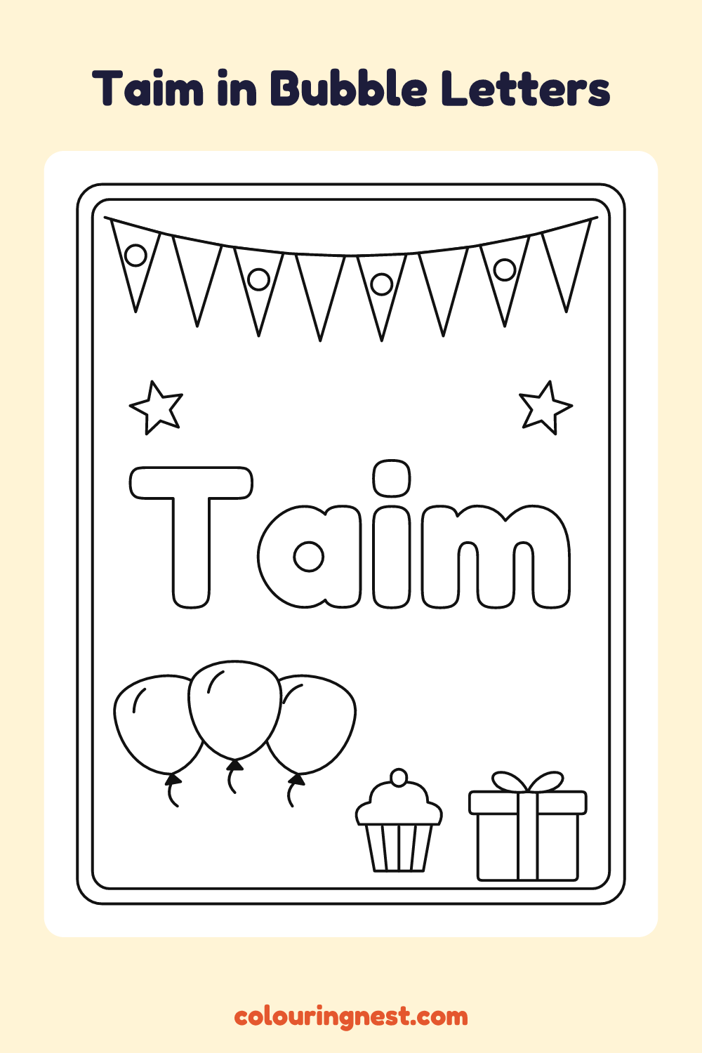 Taim in Bubble Letters coloring page: free printable black-and-white line art