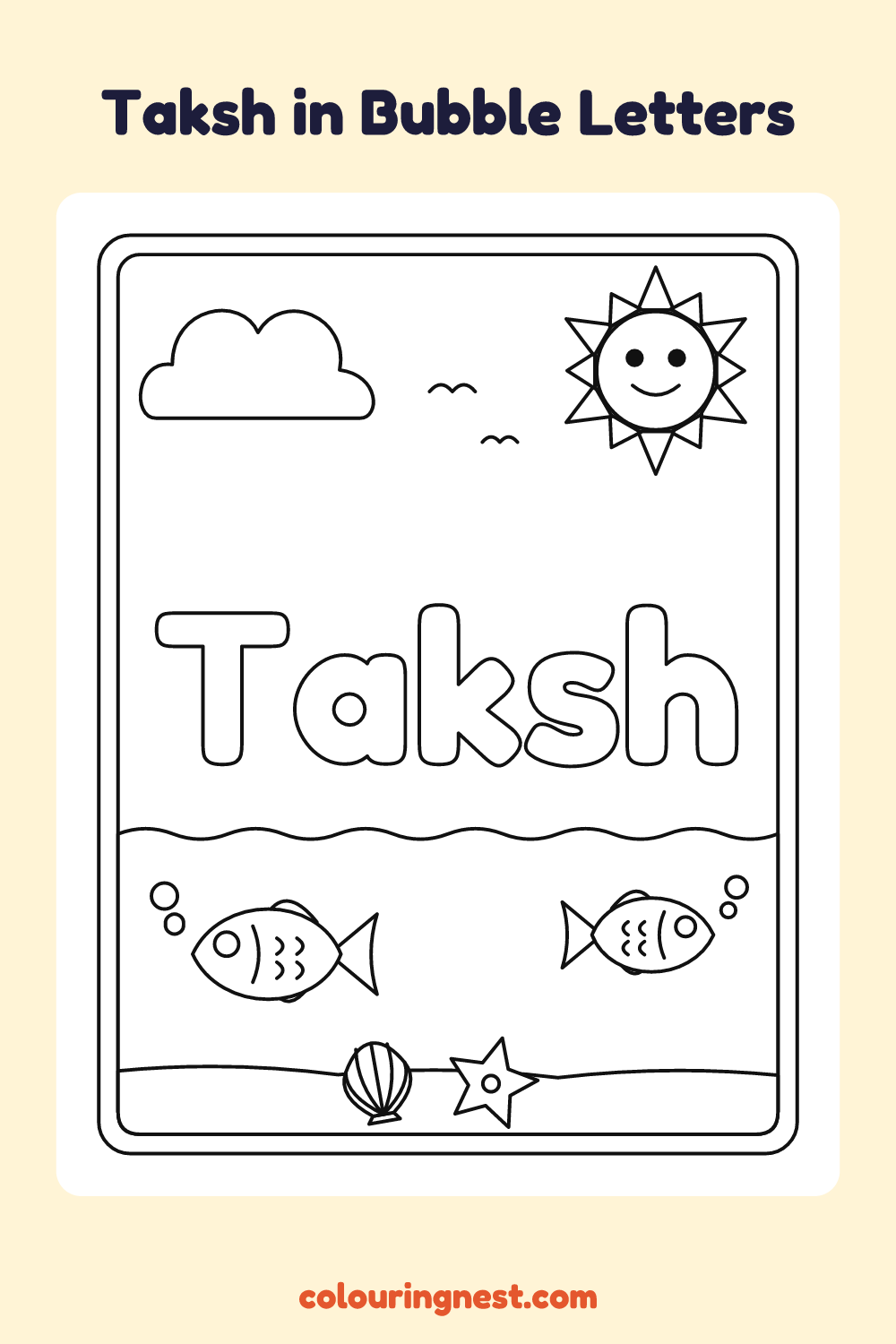 Taksh in Bubble Letters coloring page: free printable black-and-white line art