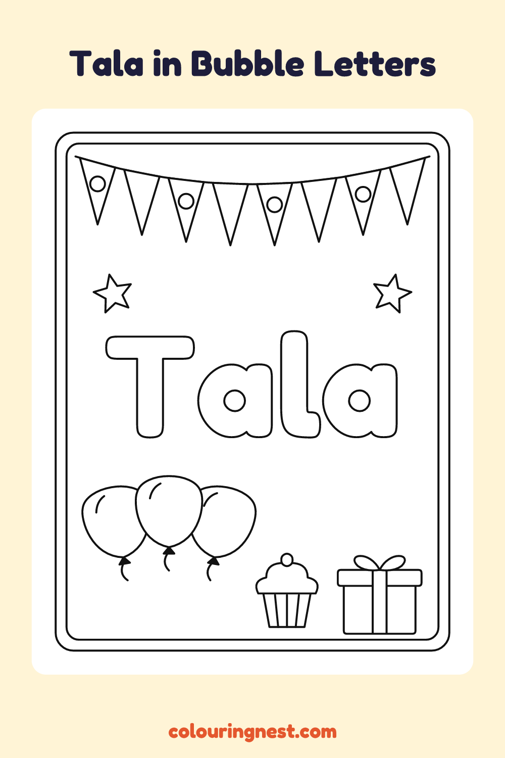Tala in Bubble Letters coloring page: free printable black-and-white line art