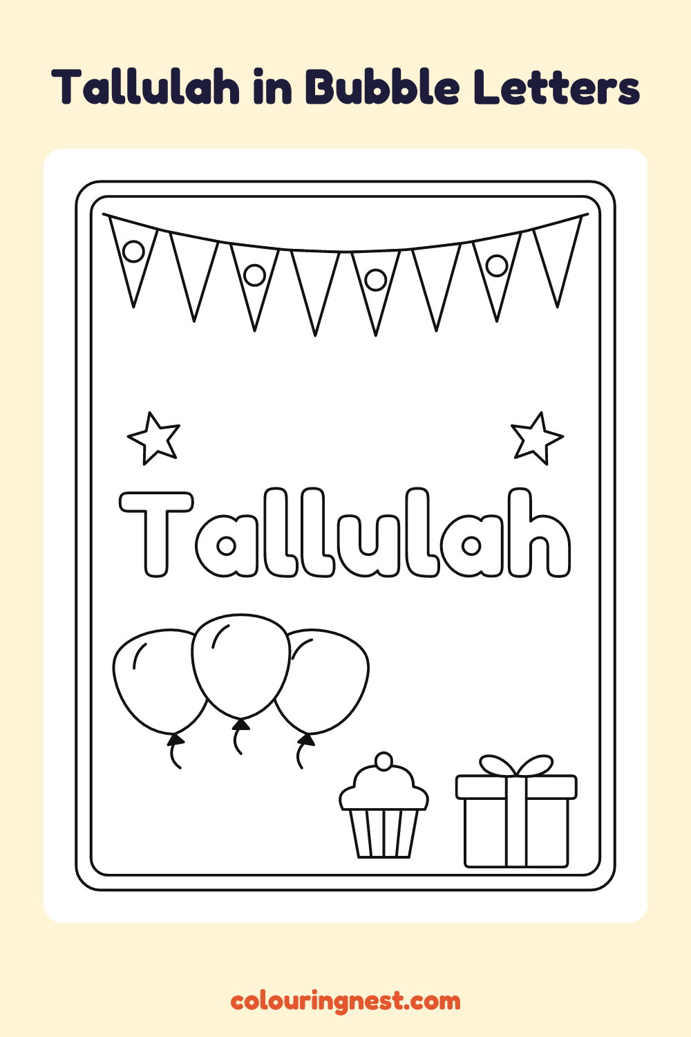 Tallulah in Bubble Letters coloring page: free printable black-and-white line art