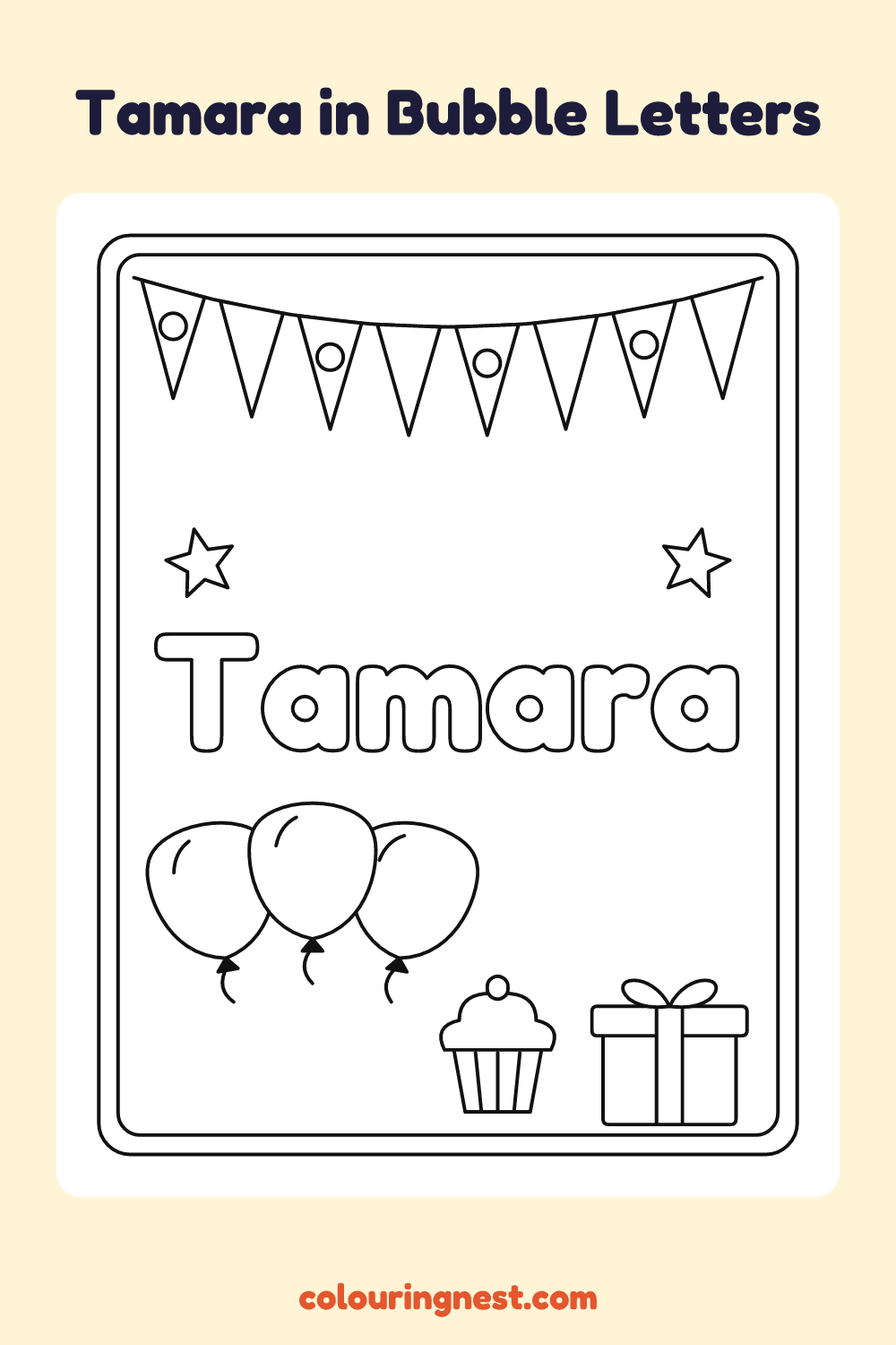 Tamara in Bubble Letters coloring page: free printable black-and-white line art