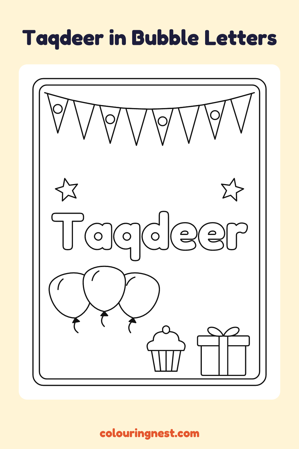 Taqdeer in Bubble Letters coloring page: free printable black-and-white line art