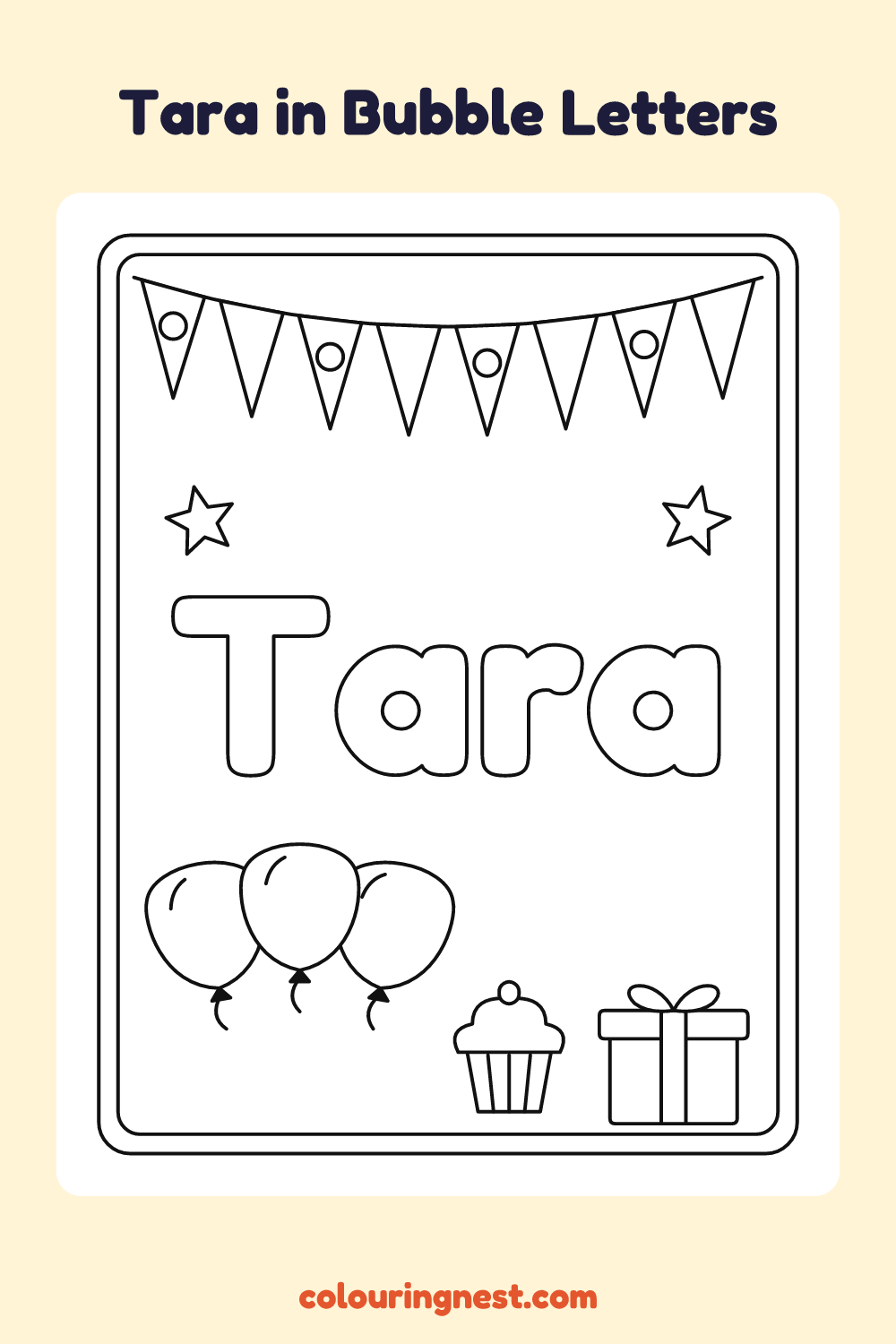 Tara in Bubble Letters coloring page: free printable black-and-white line art
